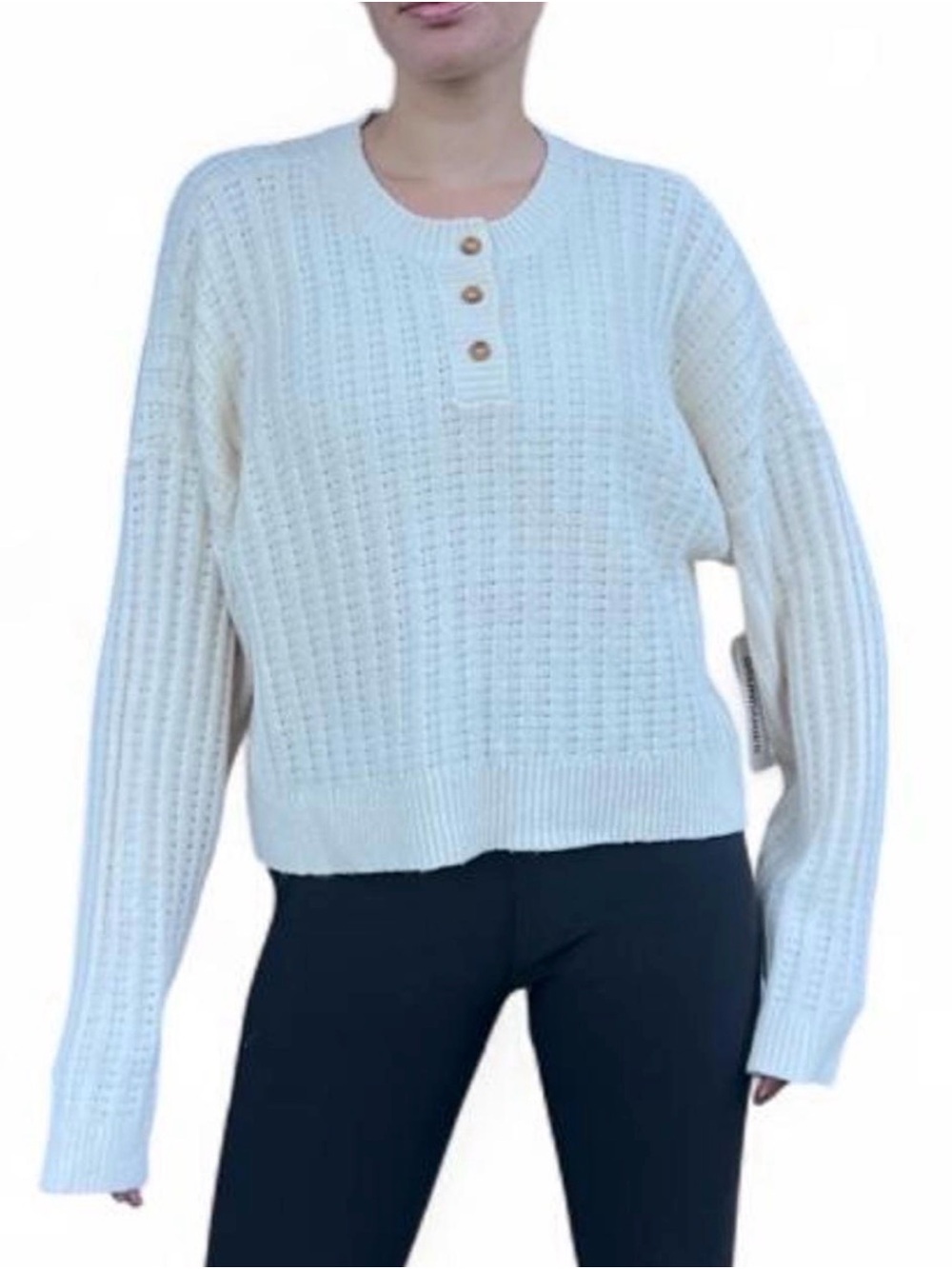 No Boundaries Cream Knit Henley Sweater with Button Placket